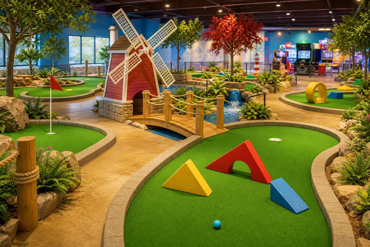 Directory illustration of indoor family mini golf