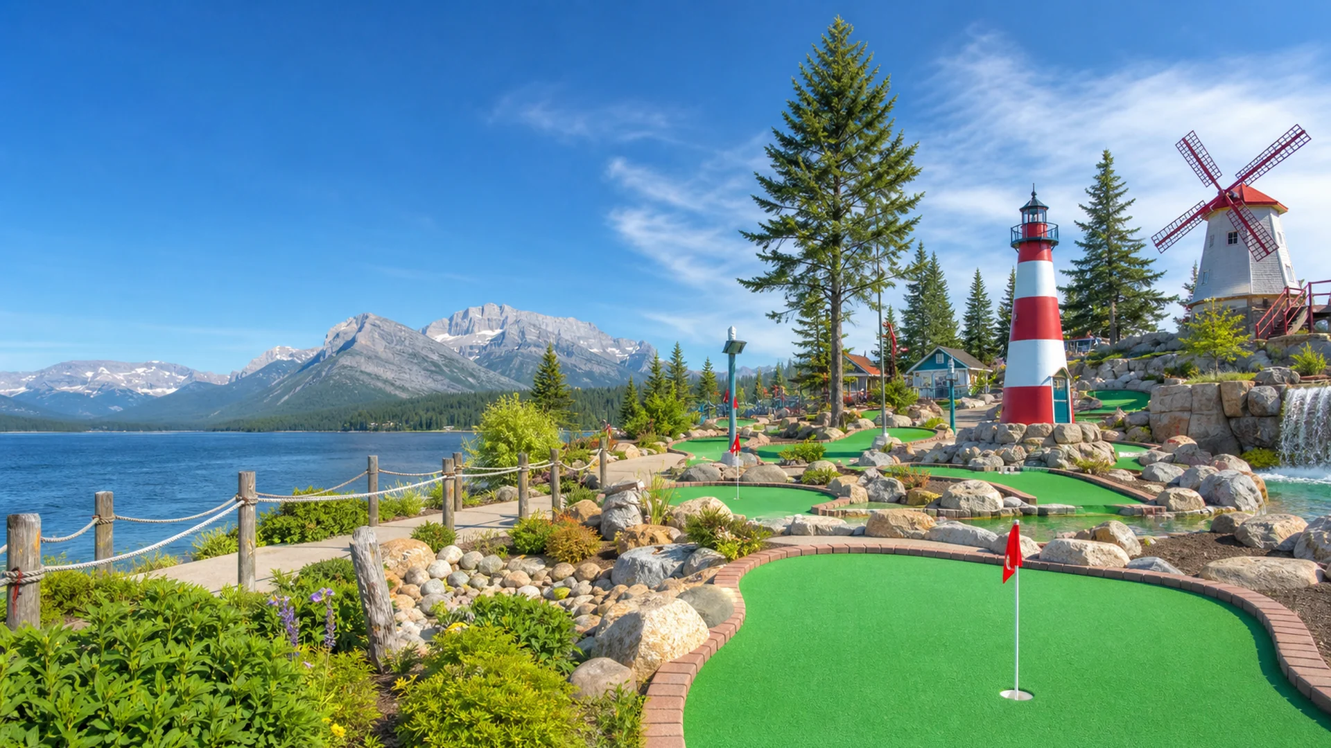 Scenic mini golf course with putting greens, flags, water and Canadian landscape