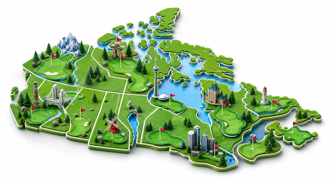Illustrated Canada map made of mini golf greens and red course flags
